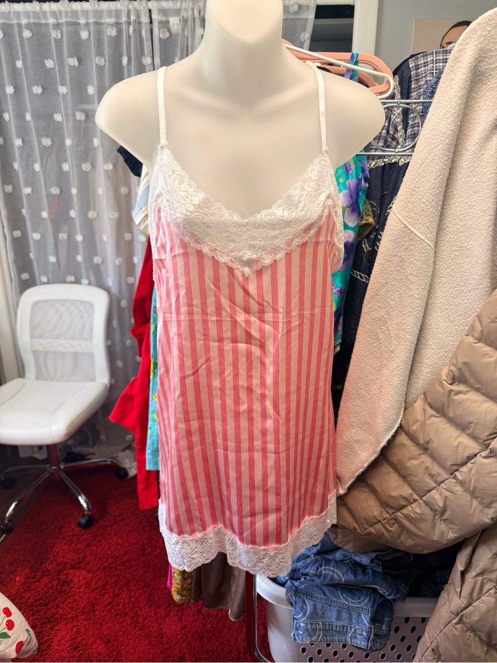 Pink Striped Lace-Trim Slip Dress - Women's Intimates